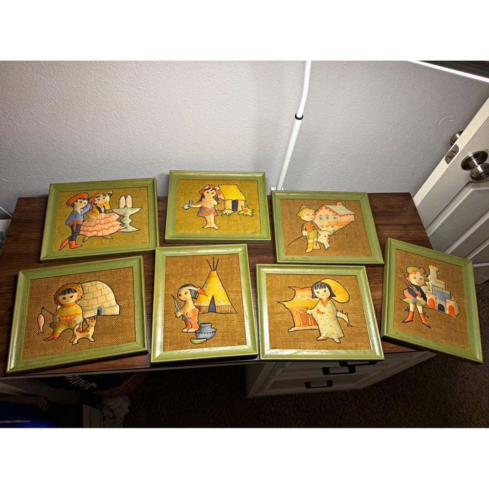 Mid-century style, Illustrated cultural/folk scenes, Burlap, Green Framed, Set 7